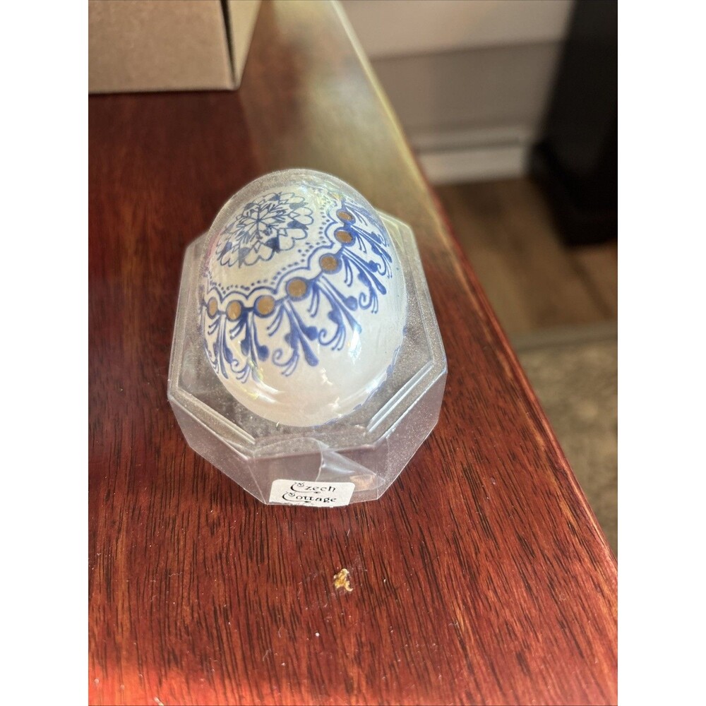 Vintage Blue and White Hand Painted and Carved Egg